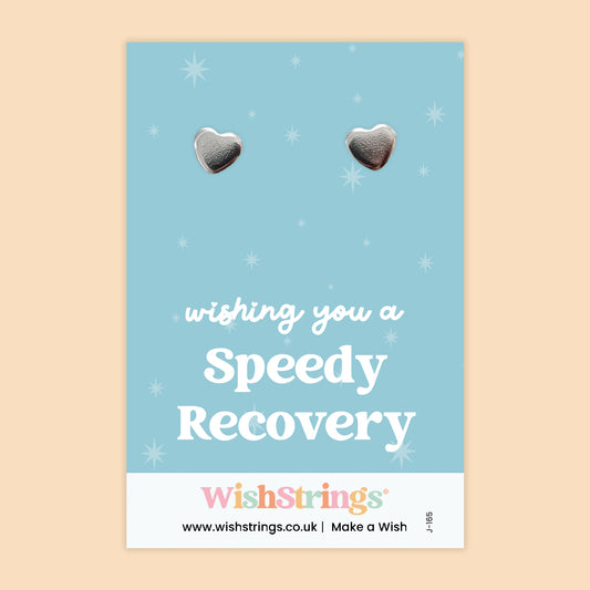 WishStrings “Wishing You a Speedy Recovery” Heart Stud Earrings on Gift Card | Get Well Soon Gift | Hypoallergenic Jewellery | Handmade in the UK