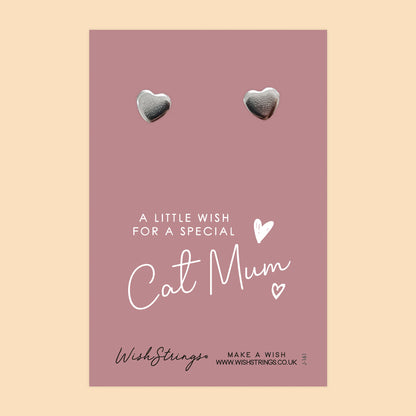 Cat Mum - Silver Heart Stud Earrings | 304 Stainless - Hypoallergenic