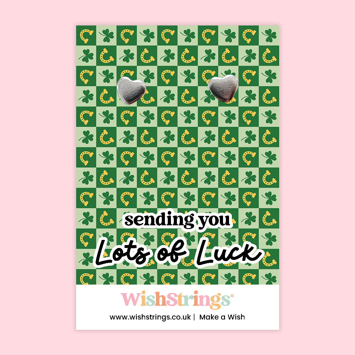 WishStrings “Sending You Lots of Luck” Heart Stud Earrings on Gift Card | Good Luck Gift for Exams, New Jobs & Life Events | Hypoallergenic Jewellery | Handmade in the UK