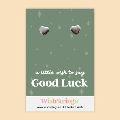 WishStrings ‘A Little Wish to Say Good Luck’ Heart Stud Earrings on Gift Card | Encouragement Gift | Hypoallergenic & Nickel-Free | Handmade in the UK