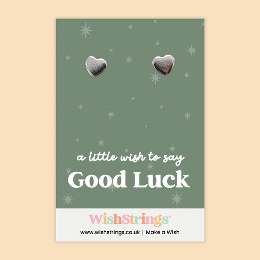 WishStrings ‘A Little Wish to Say Good Luck’ Heart Stud Earrings on Gift Card | Encouragement Gift | Hypoallergenic & Nickel-Free | Handmade in the UK