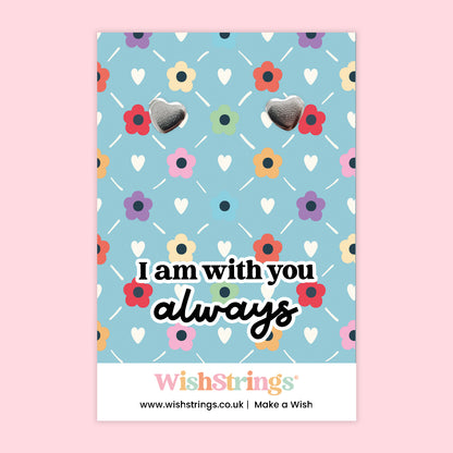 WishStrings “I Am With You Always” Heart Stud Earrings on Gift Card | Comforting Sentiment Gift | Hypoallergenic & Nickel-Free | Handmade in the UK