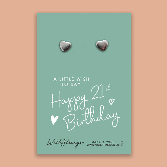 Happy 21st Birthday - Silver Heart Stud Earrings | 304 Stainless - Hypoallergenic