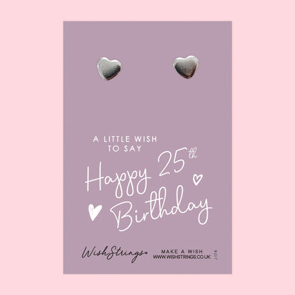 25th Birthday - Silver Heart Stud Earrings | 304 Stainless - Hypoallergenic