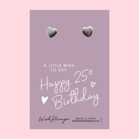 25th Birthday - Silver Heart Stud Earrings | 304 Stainless - Hypoallergenic