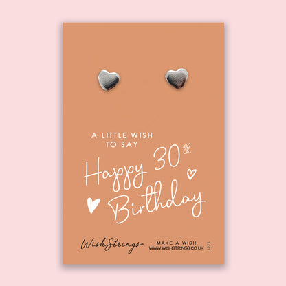 Happy 30th Birthday - Silver Heart Stud Earrings | 304 Stainless - Hypoallergenic
