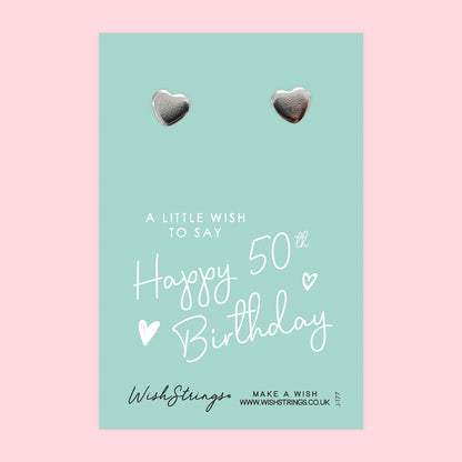 Happy 50th Birthday - Silver Heart Stud Earrings | 304 Stainless - Hypoallergenic