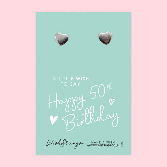 Happy 50th Birthday - Silver Heart Stud Earrings | 304 Stainless - Hypoallergenic