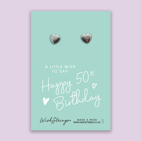 Happy 50th Birthday - Silver Heart Stud Earrings | 304 Stainless - Hypoallergenic