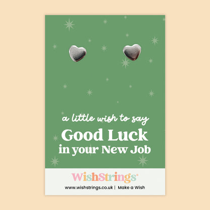 WishStrings “Good Luck in Your New Job” Heart Stud Earrings on Gift Card | New Job Congratulations Gift | Hypoallergenic Jewellery | Handmade in the UK