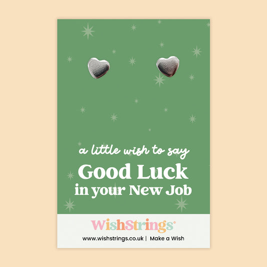 WishStrings “Good Luck in Your New Job” Heart Stud Earrings on Gift Card | New Job Congratulations Gift | Hypoallergenic Jewellery | Handmade in the UK