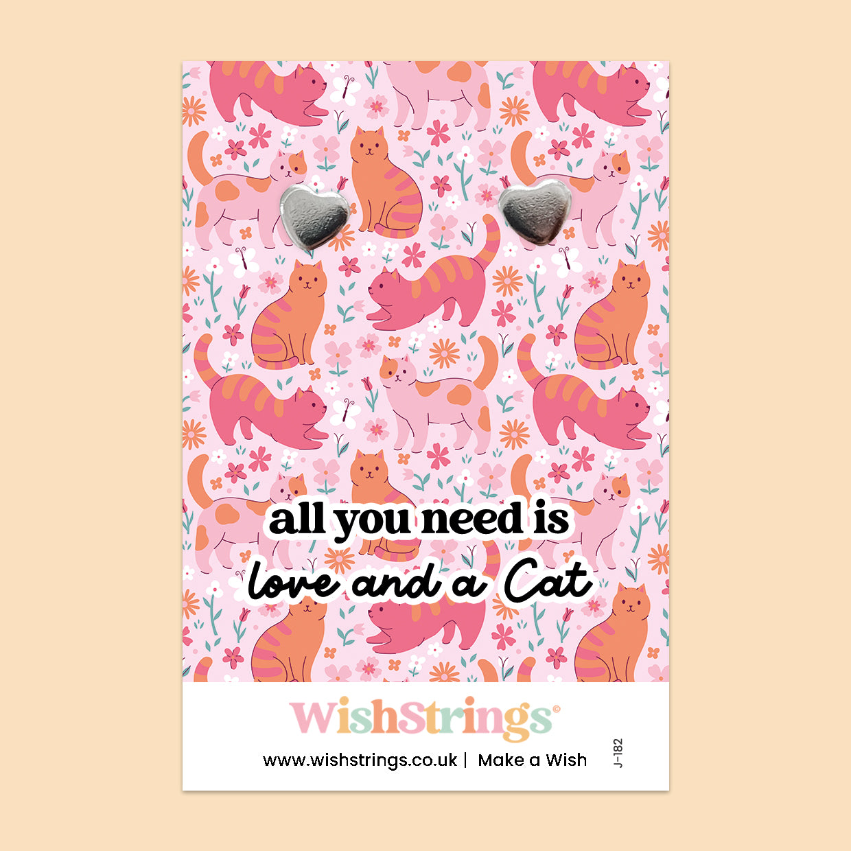 WishStrings ‘All You Need is Love and a Cat’ Heart Stud Earrings on Gift Card | Versatile Thoughtful Gift | Hypoallergenic & Nickel-Free | Handmade in the UK