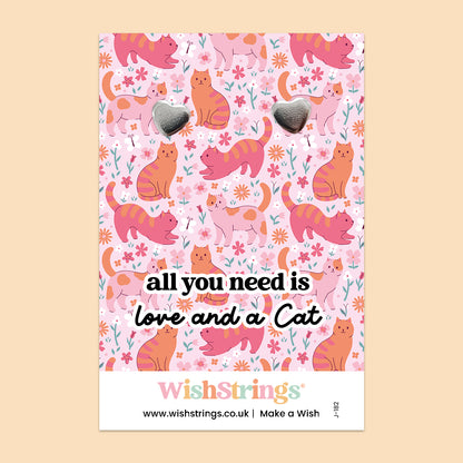 WishStrings ‘All You Need is Love and a Cat’ Heart Stud Earrings on Gift Card | Versatile Thoughtful Gift | Hypoallergenic & Nickel-Free | Handmade in the UK