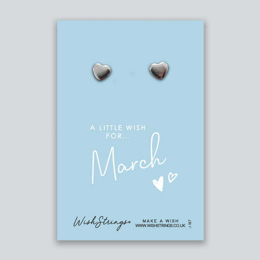 March, Birth Month - Silver Heart Stud Earrings | 304 Stainless - Hypoallergenic