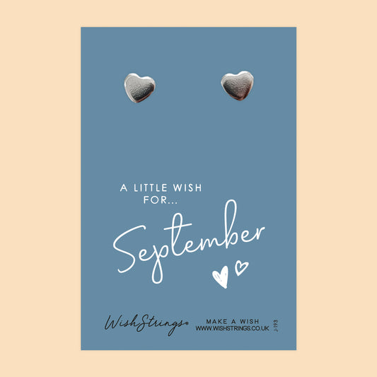 September, Birth Month - Silver Heart Stud Earrings | 304 Stainless - Hypoallergenic