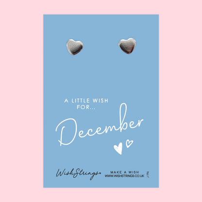 December, Birth Month - Silver Heart Stud Earrings | 304 Stainless - Hypoallergenic