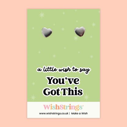 WishStrings “You’ve Got This” Heart Stud Earrings on Gift Card | Motivational Gift for Exams, New Starts & Challenges | Hypoallergenic Jewellery | Handmade in the UK