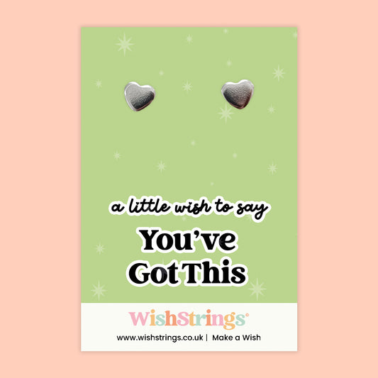 WishStrings “You’ve Got This” Heart Stud Earrings on Gift Card | Motivational Gift for Exams, New Starts & Challenges | Hypoallergenic Jewellery | Handmade in the UK