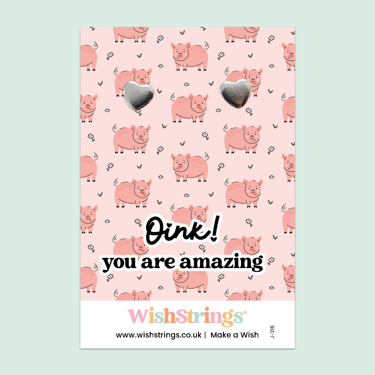 WishStrings “Oink! You Are Amazing” Heart Stud Earrings on Gift Card | Cute Pig-Themed Gift | Hypoallergenic Jewellery | Handmade in the UK