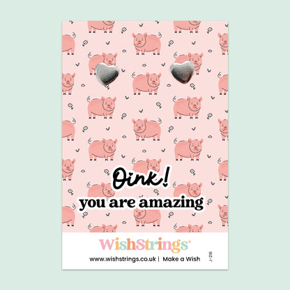 WishStrings “Oink! You Are Amazing” Heart Stud Earrings on Gift Card | Cute Pig-Themed Gift | Hypoallergenic Jewellery | Handmade in the UK