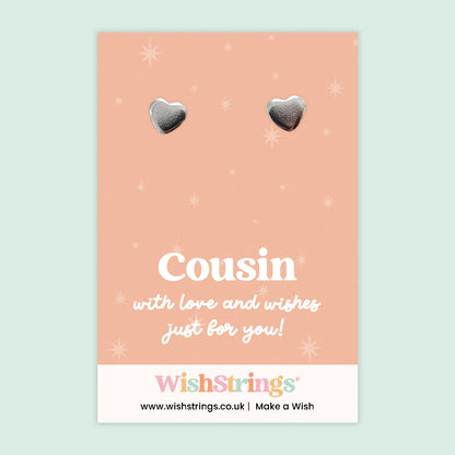 Heart Stud Earrings – Cousin | Silver Heart Earrings on Gift Card | Meaningful Gift for Cousin | Sentimental Jewellery for Birthdays & Christmas