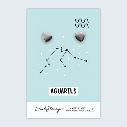 Aquarius, Star Sign Horoscope - Silver Heart Stud Earrings | 304 Stainless - Hypoallergenic