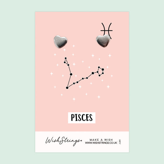 Pisces, Star Sign Horoscope - Silver Heart Stud Earrings | 304 Stainless - Hypoallergenic