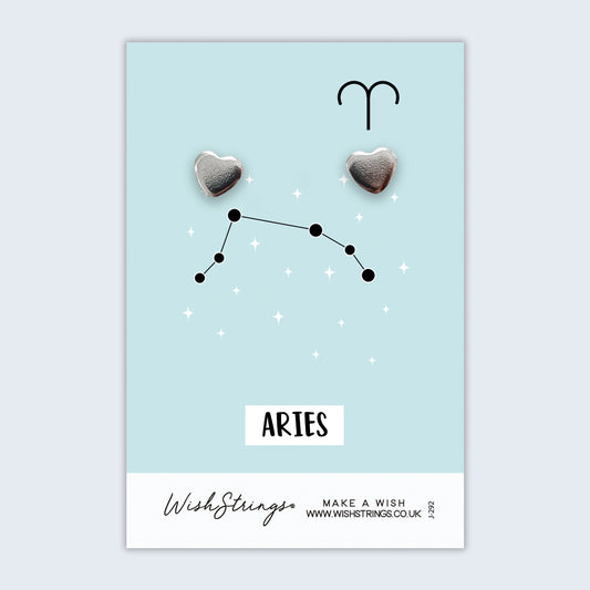 Aries, Star Sign Horoscope - Silver Heart Stud Earrings | 304 Stainless - Hypoallergenic