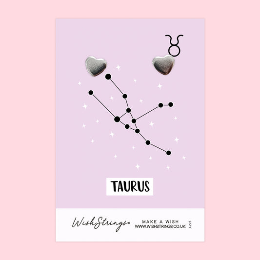 TAURUS, Star Sign Horoscope - Silver Heart Stud Earrings | 304 Stainless - Hypoallergenic