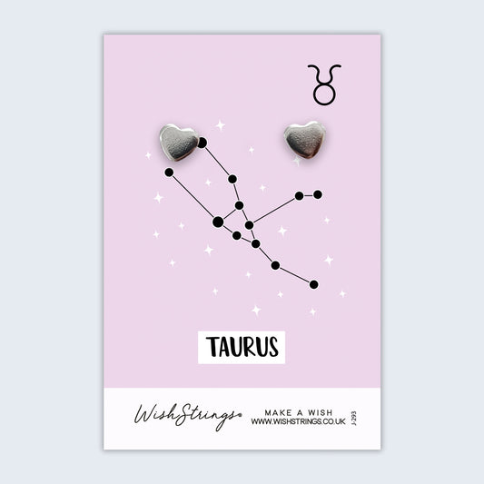 Taurus, Star Sign Horoscope - Silver Heart Stud Earrings | 304 Stainless - Hypoallergenic