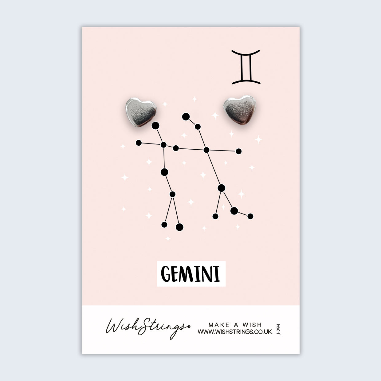 Gemini, Star Sign Horoscope - Silver Heart Stud Earrings | 304 Stainless - Hypoallergenic