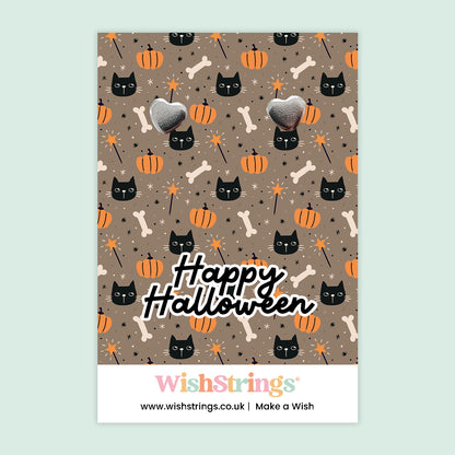 Happy Halloween, Black Cats - Silver Heart Stud Earrings | 304 Stainless - Hypoallergenic