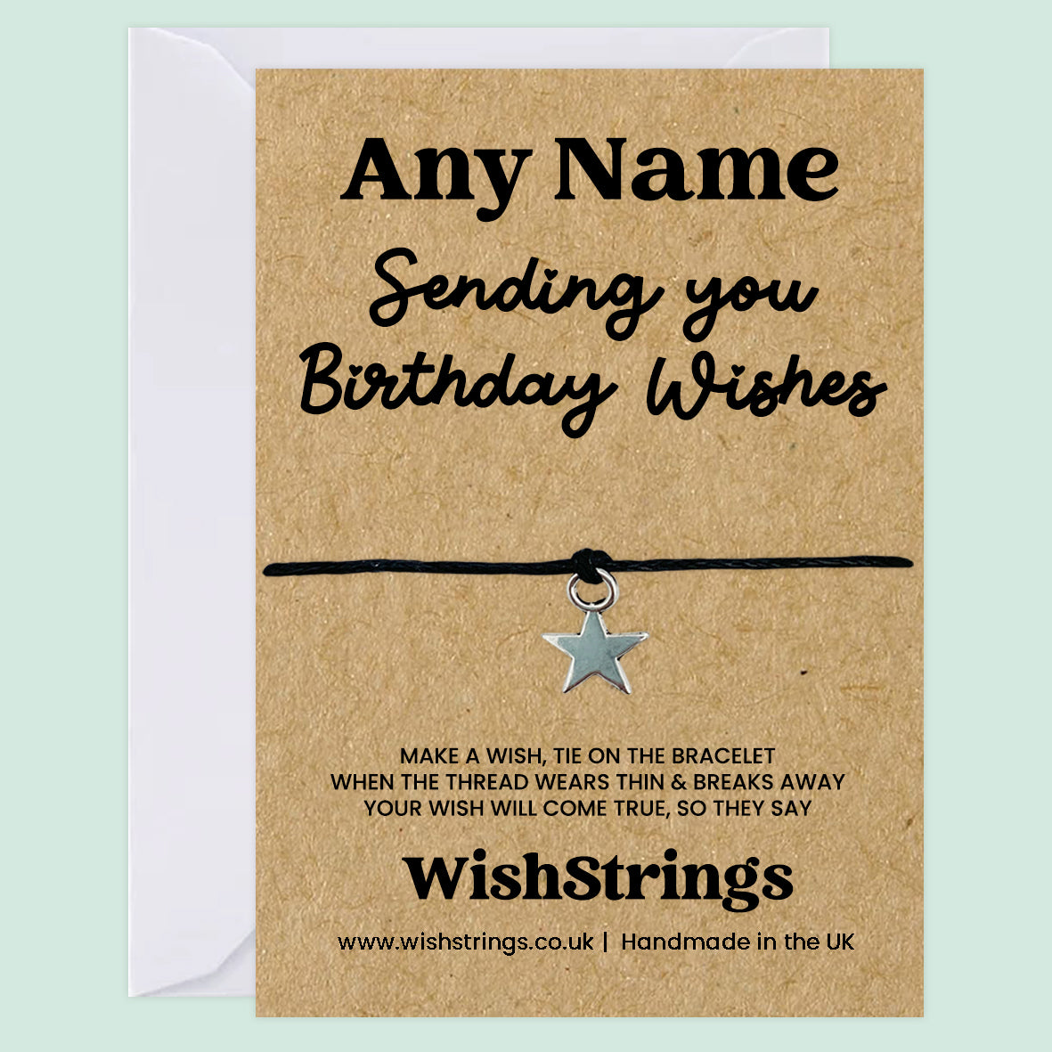 Personalised WishString Bracelet – “Sending You Birthday Wishes” | Custom Name Gift with Charm