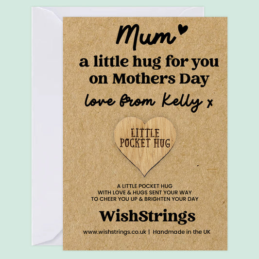 Personalised Mother’s Day Pocket Hug for Mum | Custom “Love From” Name | Wooden Heart Token Letterbox Gift for Mum