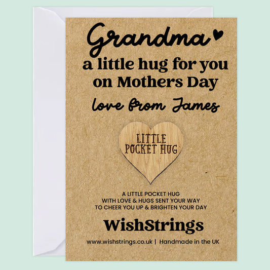 Personalised Mother’s Day Pocket Hug for Grandma | Custom “Love From” Name | Wooden Heart Token Letterbox Gift for Grandma