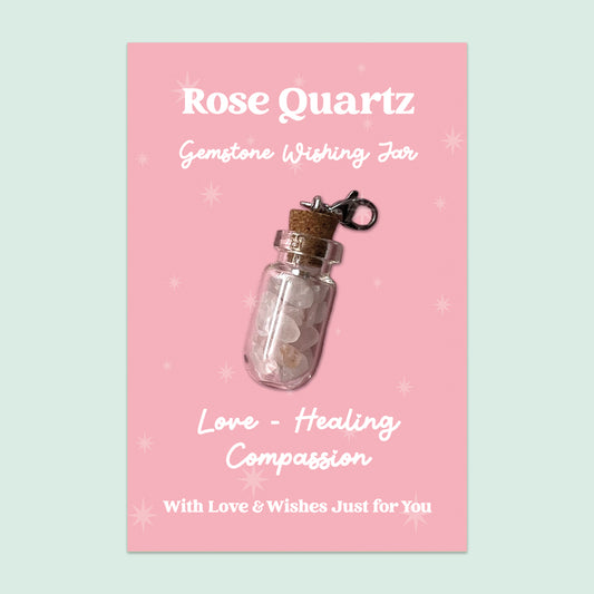 Rose Quartz Wishing Jar – Clip-On Keepsake | Gemstone Gift for Love, Healing & Compassion | Crystal Jar Charm for Emotional Support & Kindness