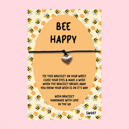 WishStrings ‘Bee Happy’ Wish Bracelet on Gift Card | Thoughtful Gift for Positivity | Uplifting Bee Themed Keepsake for Motivation & Wellbeing