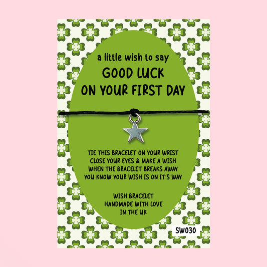 WishStrings ‘Good Luck on Your First Day’ Wish Bracelet on Gift Card | Thoughtful Keepsake | Supportive Gift for New Starts & First Day Nerves