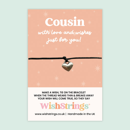 WishStrings Wish Bracelet – Cousin | Heart Charm Keepsake Bracelet Gift for Cousin | Thoughtful Handmade Friendship & Family Wish Bracelet