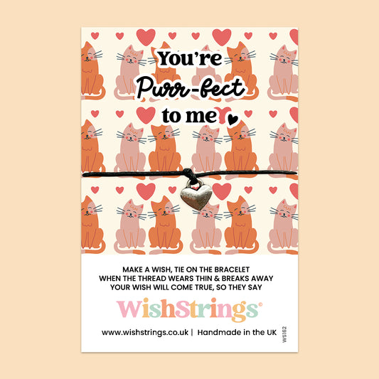 WishStrings Wish Bracelet – You’re Purr-fect to Me | Cute Cat Themed Gift | Heart Charm Friendship Bracelet | Handmade Keepsake for Cat Lovers