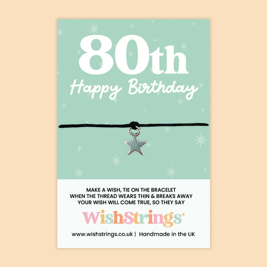WishStrings Wish Bracelet – 80th Happy Birthday | Star Charm Keepsake Gift for Her | Meaningful Milestone Bracelet for Turning 80
