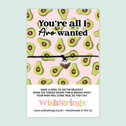 WishStrings ‘You’re All I Avo Wanted’ Wish Bracelet | Fun Pun Gift for Valentine’s Day or Anniversaries | Handmade Keepsake for Avocado Lovers | Cute and Quirky Token of Love