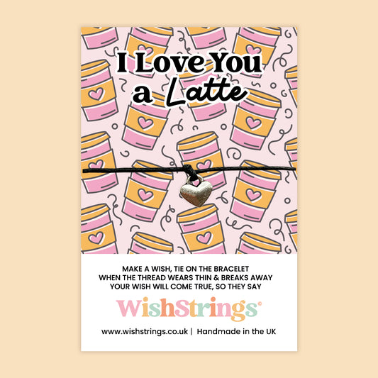 I Love You a Latte WishStrings Wish Bracelet | Cute Coffee Pun Gift | Heart Charm Bracelet on Gift Card | Fun Romantic Token for Coffee Lovers