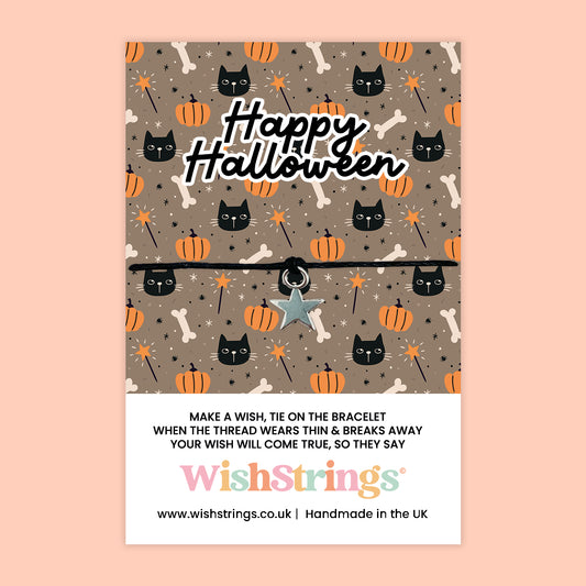 SALE - WishStrings ‘Happy Halloween’ Wish Bracelet | Halloween Design with Pumpkins and Black Cats | Spooky Gift for Halloween Celebrations