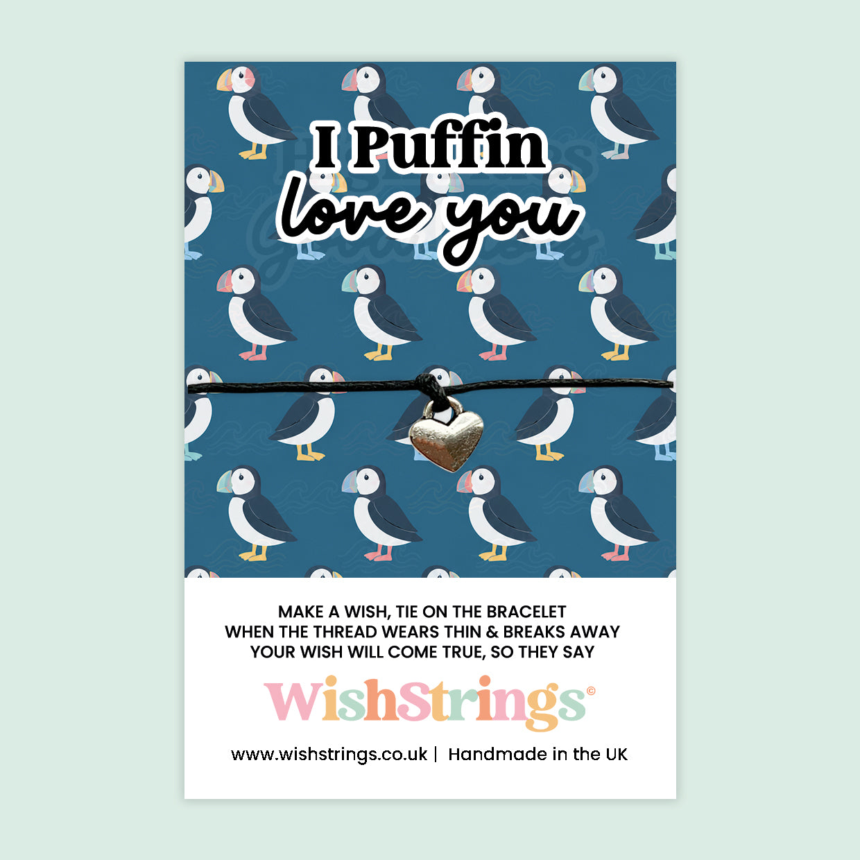 WishStrings I Puffin Love You Wish Bracelet | Puffin Gift | Coastal Love Gift | Cute Romantic Keepsake | Handmade in the UK