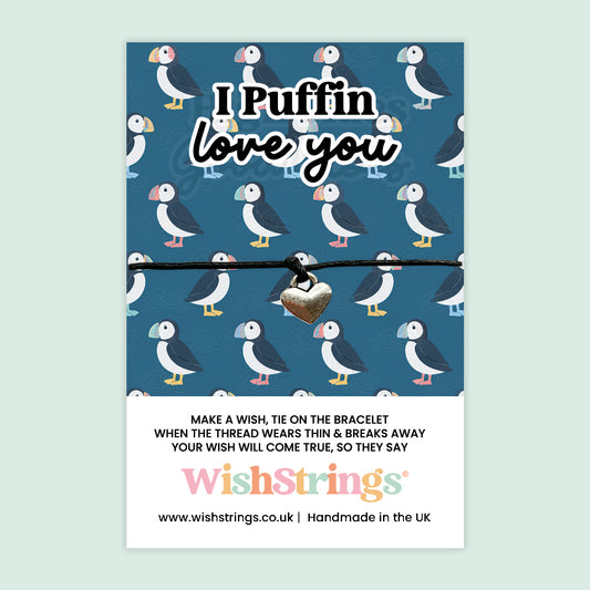 WishStrings I Puffin Love You Wish Bracelet | Puffin Gift | Coastal Love Gift | Cute Romantic Keepsake | Handmade in the UK