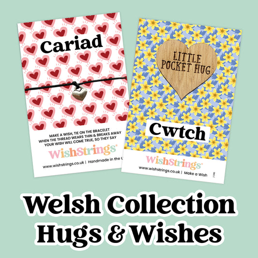Welsh Collection – 6 Pocket Hugs & 6 WishStrings | Welsh Gifts & Sentiments | Handmade Cymru Keepsakes