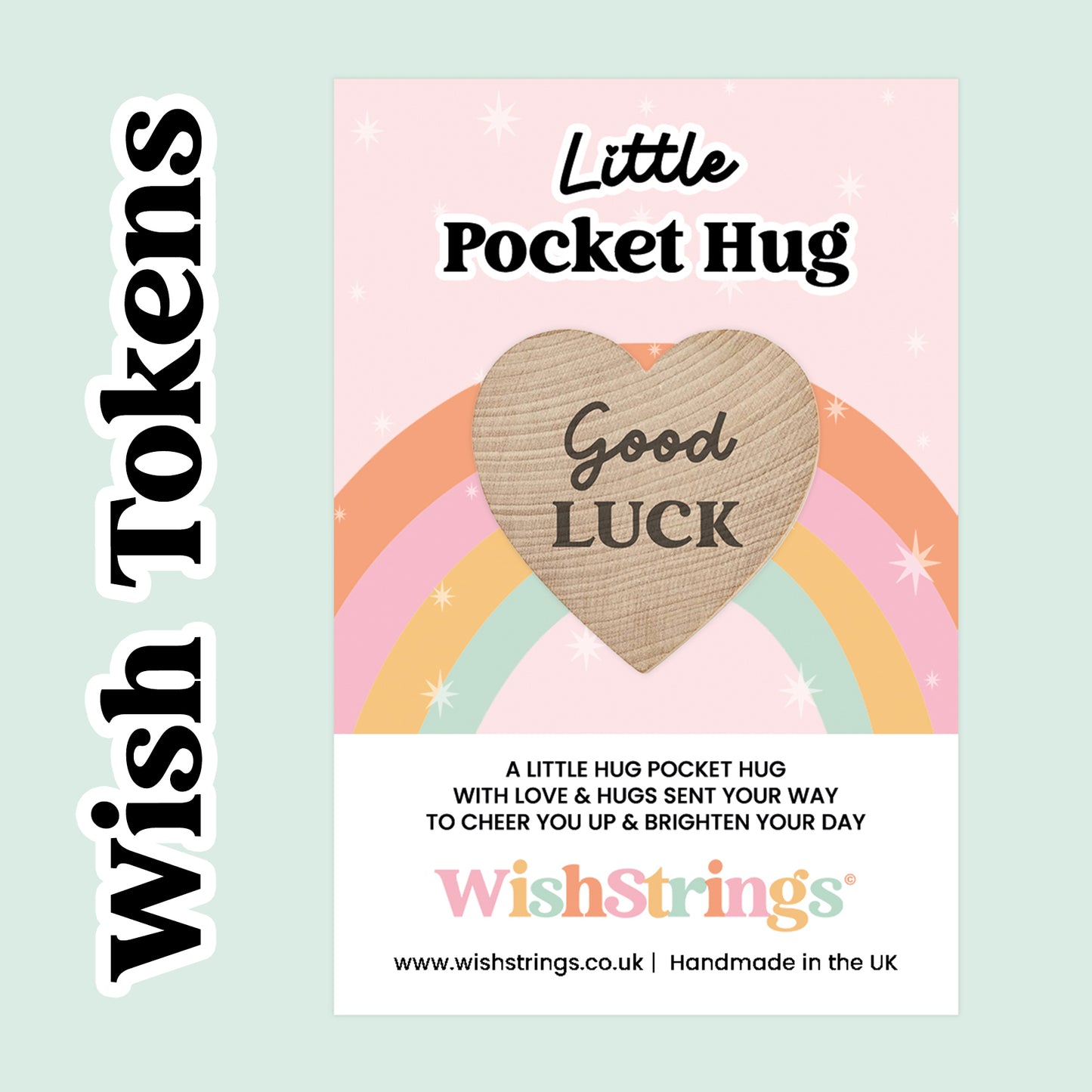 WishStrings® Pocket Hug Wish Tokens – Heartfelt Keepsake Gifts | 24 Designs for All Occasions | Wooden Heart Hug Token on Gift Card