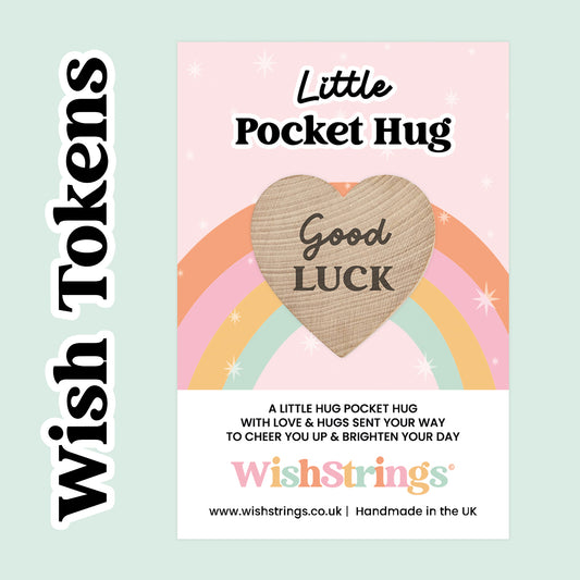 WishStrings® Pocket Hug Wish Tokens – Heartfelt Keepsake Gifts | 24 Designs for All Occasions | Wooden Heart Hug Token on Gift Card