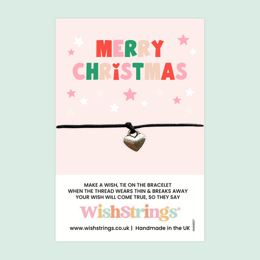 WishStrings Wish Bracelet – Merry Christmas Heart Charm Gift | Pink Star Design | Festive Christmas Keepsake Bracelet | Stocking Filler | Card Insert Gift for Her & Kids